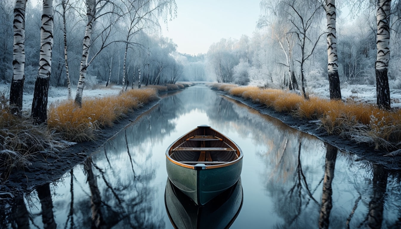 Tranquil Canoe on Still River Landscape Virtual Background