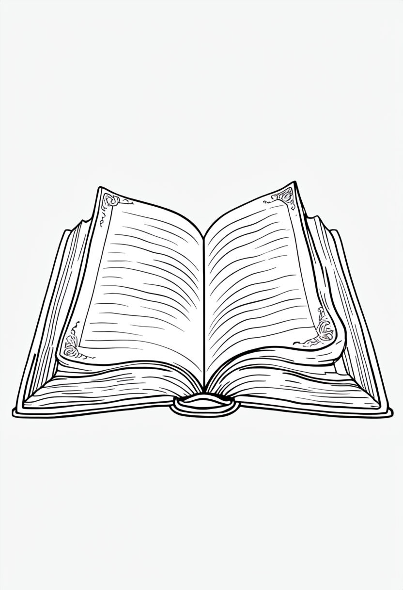 Enchanted Open Book Line Drawing for Coloring Book Pages