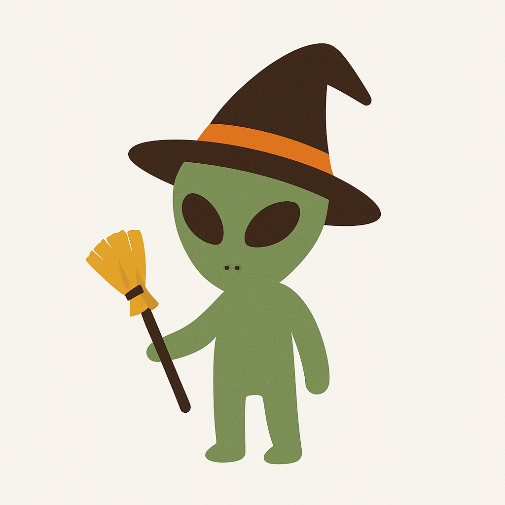 Playful Cartoon Alien Witch Character with Broomstick Sticker