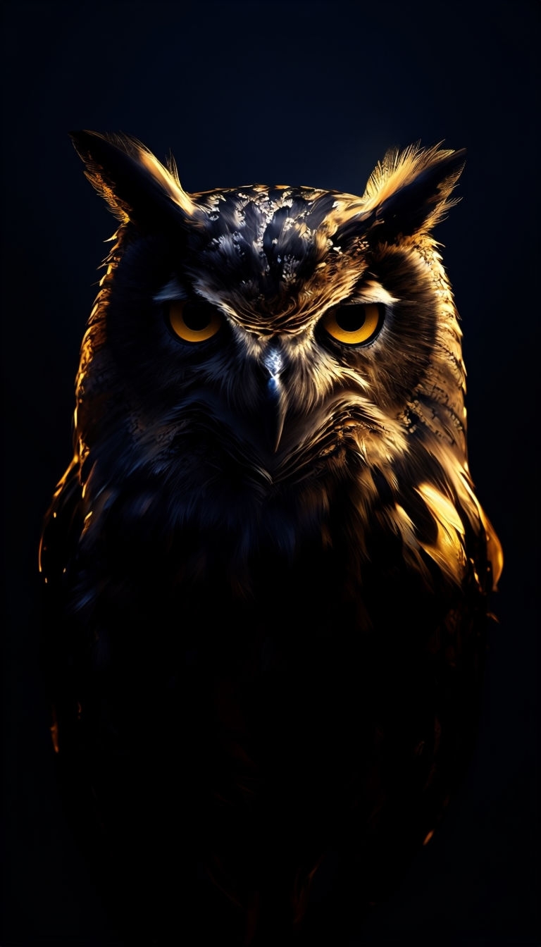 Eerie Illuminated Owl Portrait with Dramatic Low-Key Lighting Mobile Wallpaper