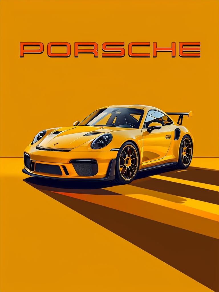 Sleek Yellow Porsche Sports Car on Vibrant Amber Background Poster