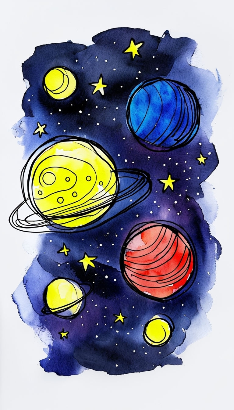 Whimsical Watercolor Planets in Starry Sky Mobile Wallpaper