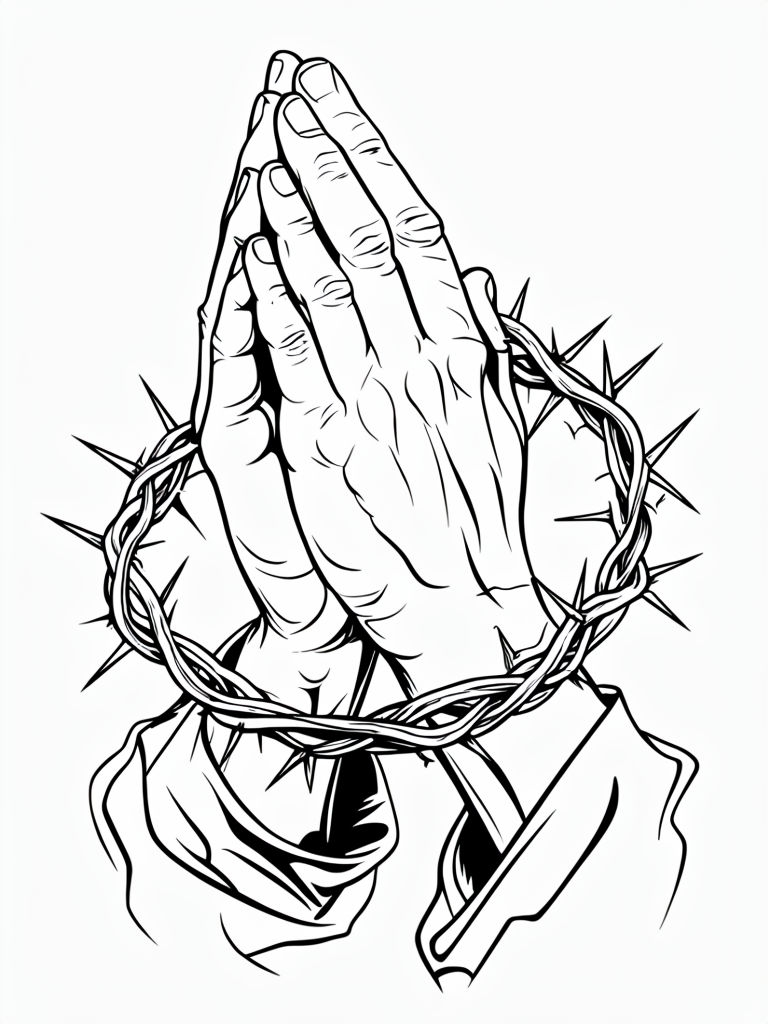 Intricate Black and White Prayer Hands with Crown of Thorns Coloring Book Pages