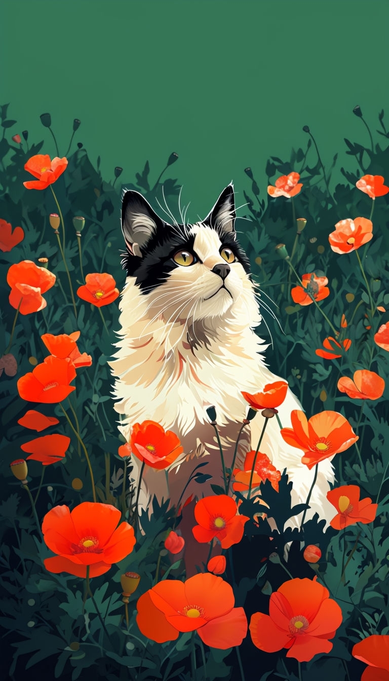 Black and White Cat Surrounded by Orange-Red Poppies Art
