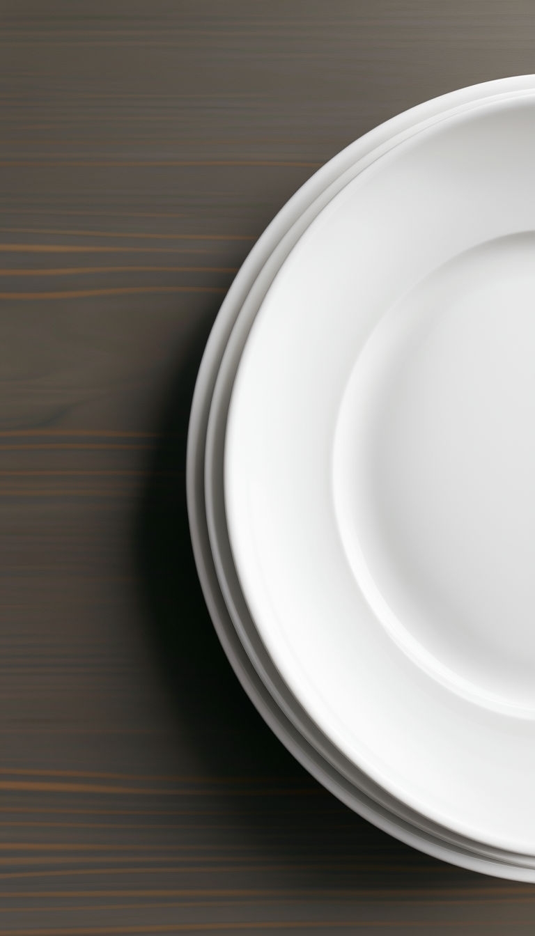 Elegant Close-Up of White Ceramic Plates on Dark Wood Social Media Post