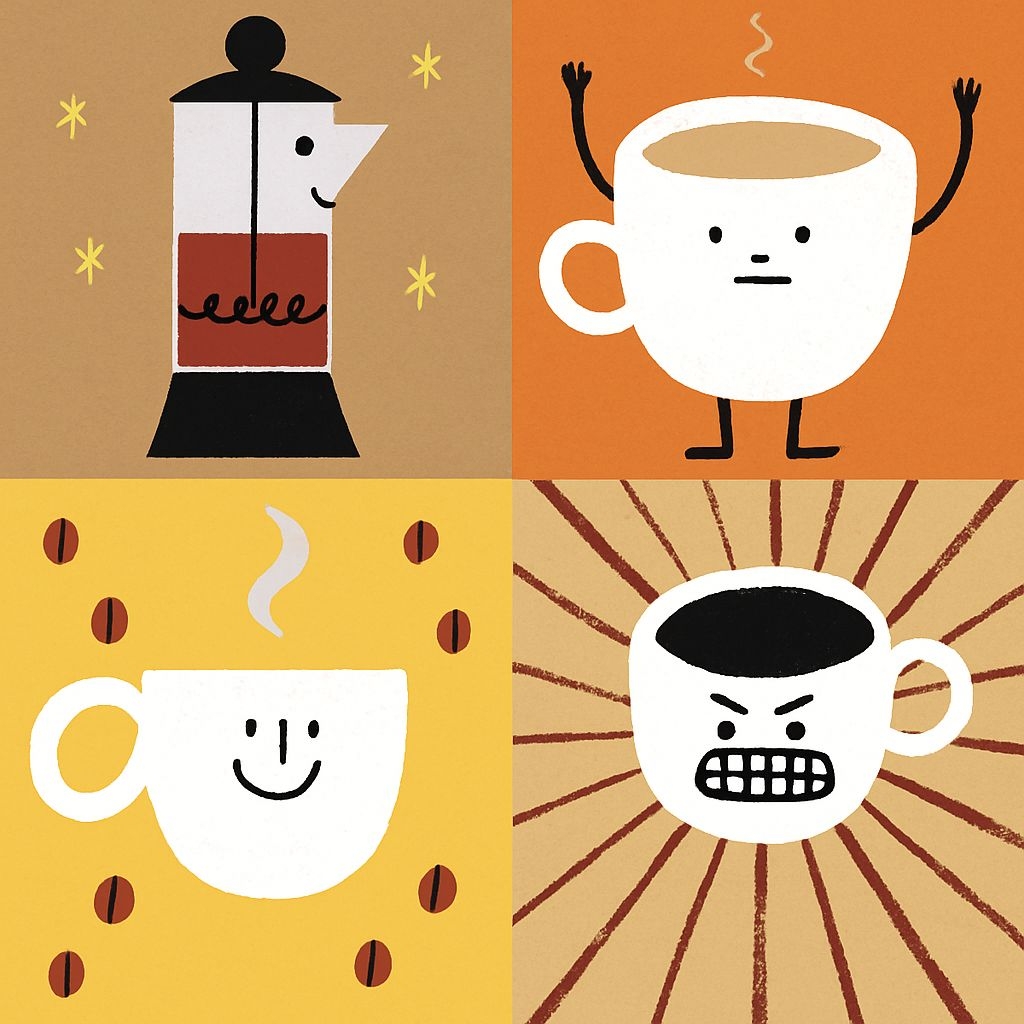 Playful Cartoon Coffee Characters in Four Quadrants Seamless Pattern