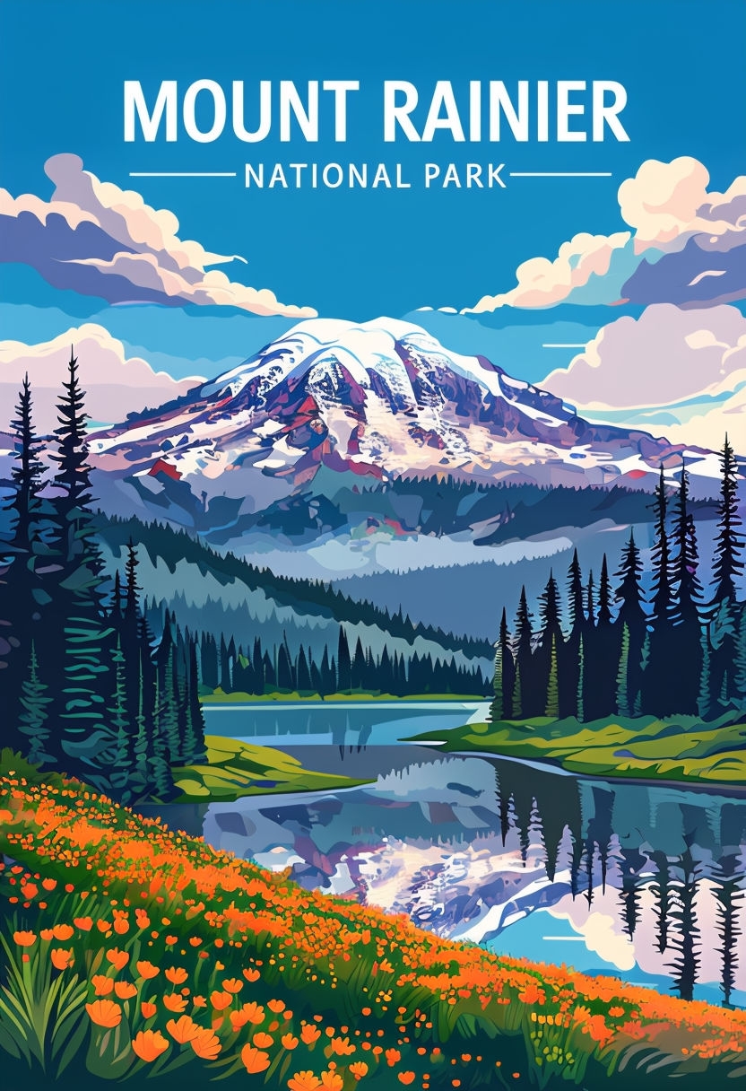 Vibrant Mount Rainier National Park Landscape Illustration Poster