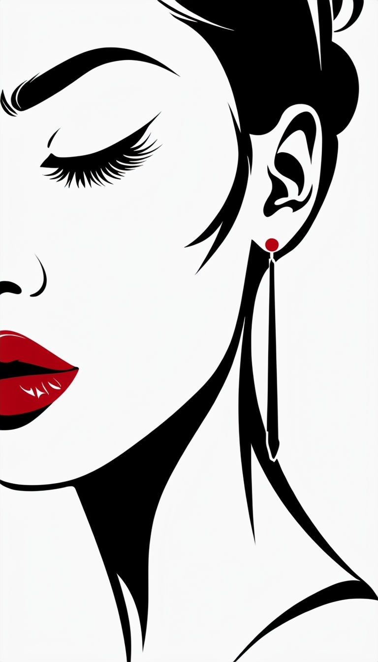 Elegant Black and Red Minimalist Woman Face Silhouette Art