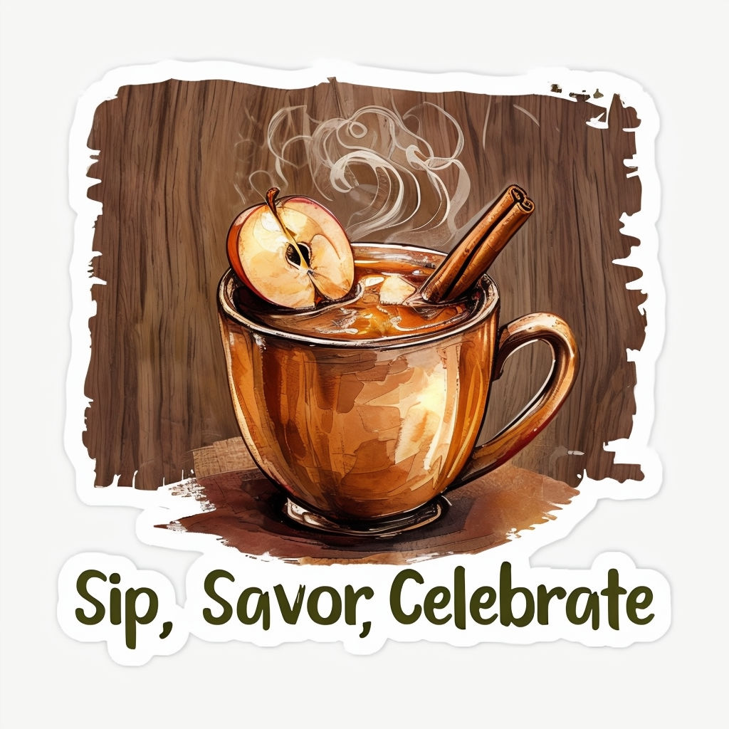 Steaming Hot Apple Cider Cup Sticker with Rustic Thanksgiving Theme