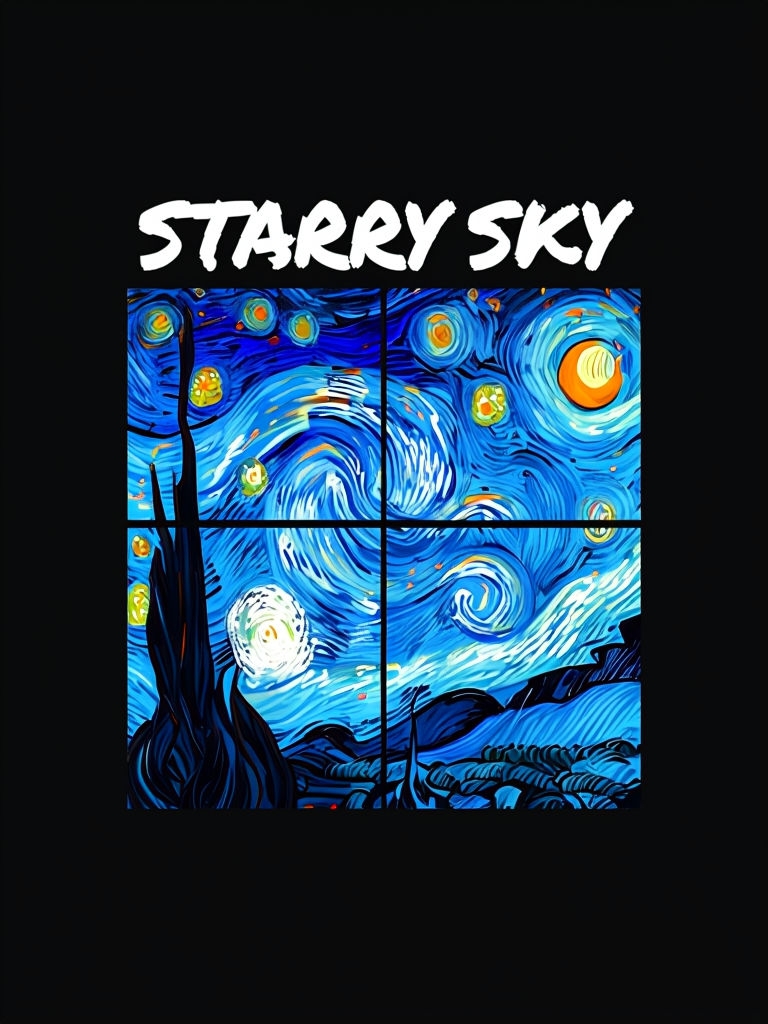 Stylized Starry Night Artwork with Bold Text T-Shirt
