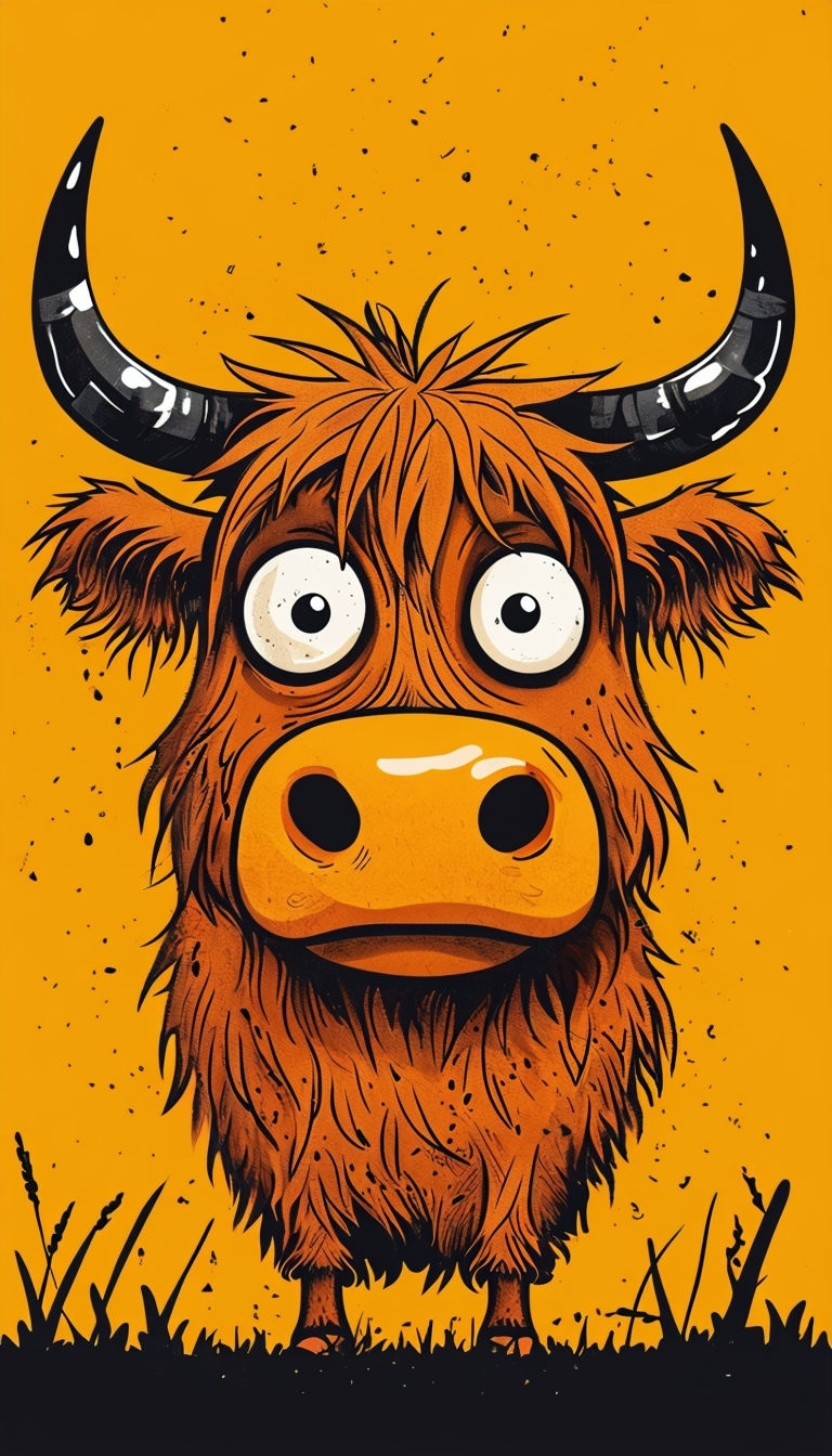 Whimsical Cartoon Highland Cow Illustration on Amber Background Mobile Wallpaper