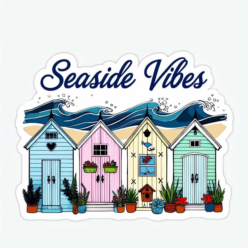 Whimsical Seaside Vibes Beach Huts Sticker Design