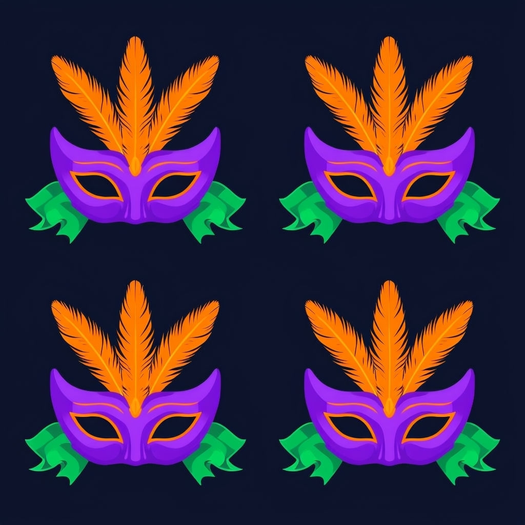 Purple Carnival Masks Seamless Pattern with Feathers and Ribbons