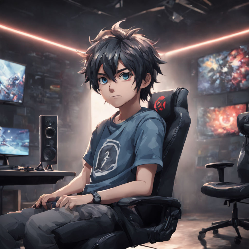 Anime boy character sitting on chair front face position with mic behind a  table in studio his shirt color is yellow wearing black jacket with loads  of futuristic gadgets content creator