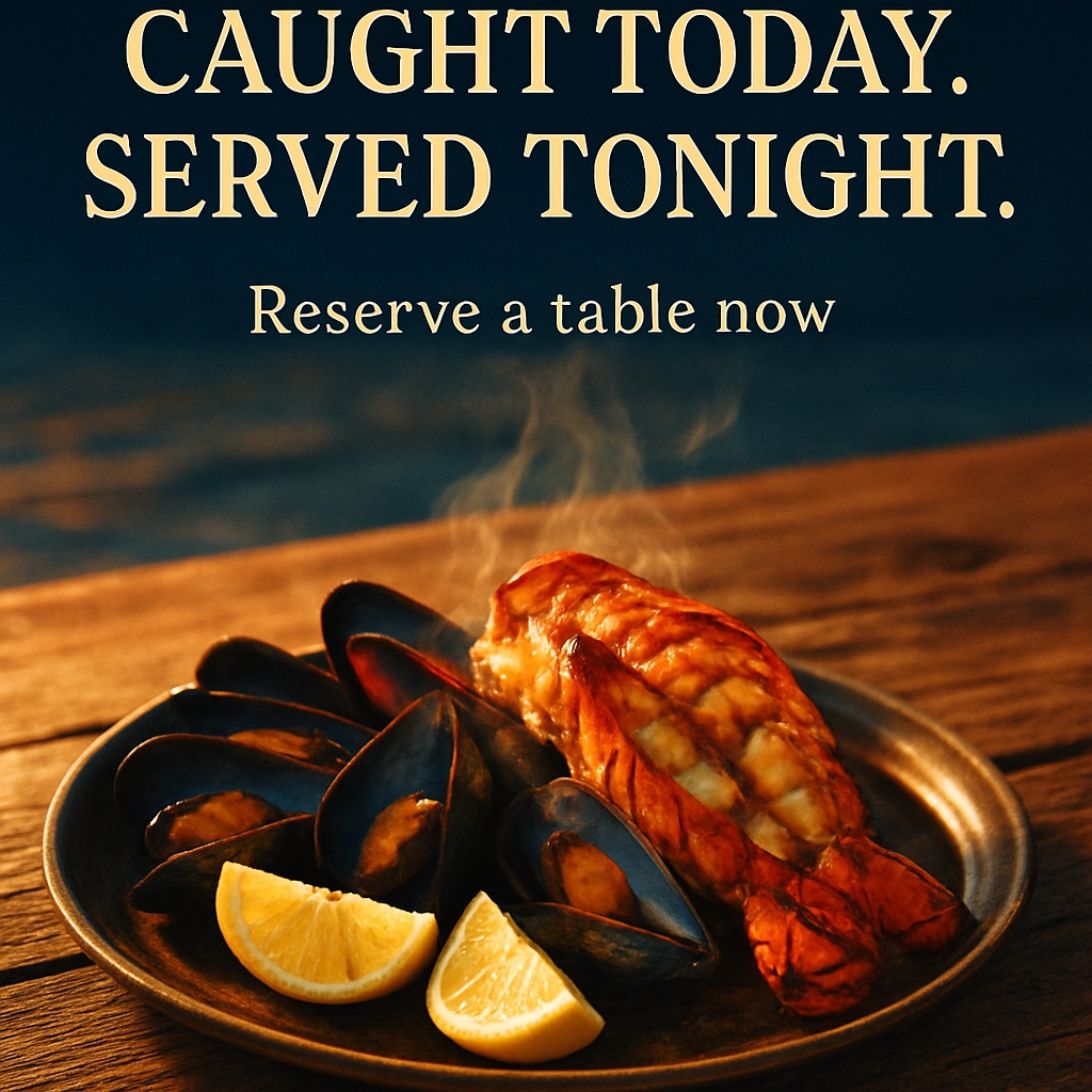 Enticing Seafood Dish with Grilled Lobster Promotional Advertisement