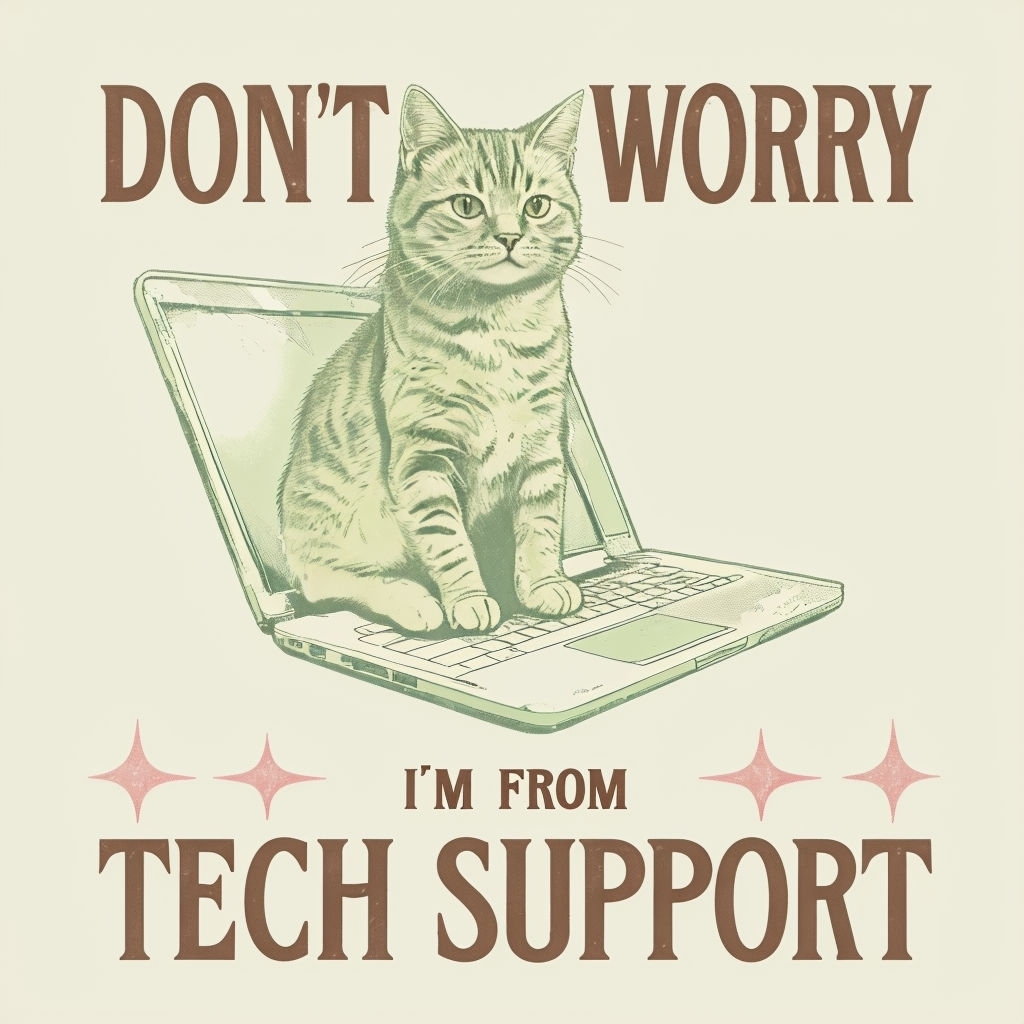 Playful Green Tabby Cat on Laptop with Tech Support Humor T-Shirt