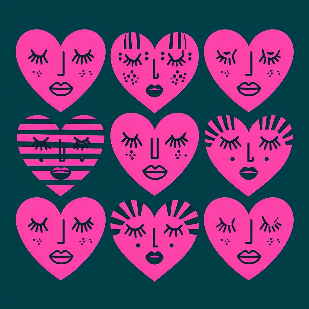 Vibrant Pink Heart Faces Seamless Pattern on Dark Teal Background Seamless Pattern