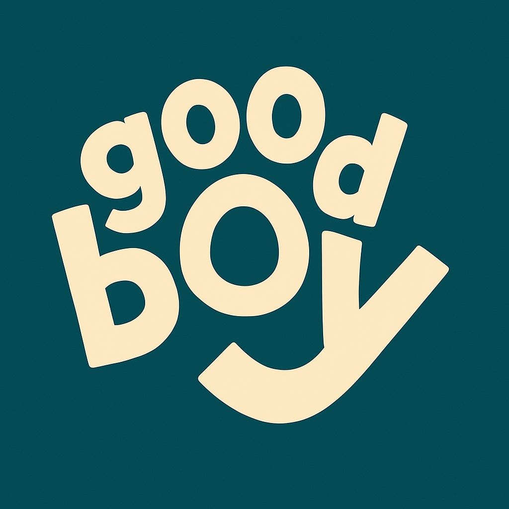Minimalist Good Boy Typography Design Against Teal Background Logo