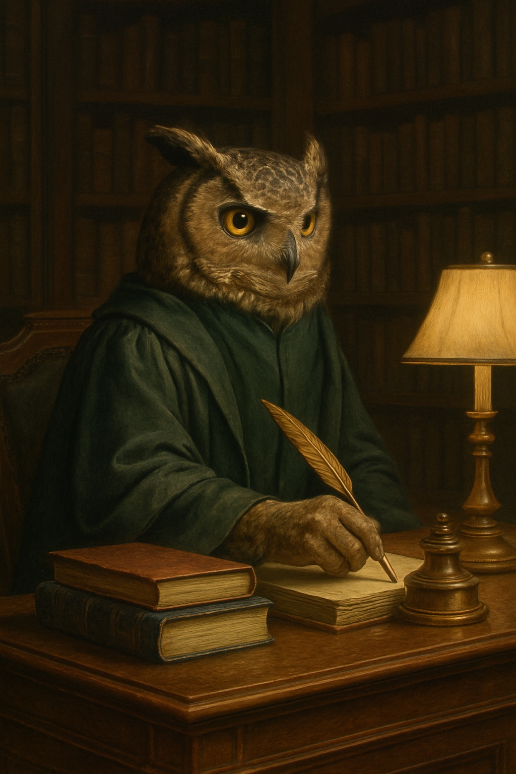 Surrealistic Owl Scholar in Library Artwork with Cozy Atmosphere Art