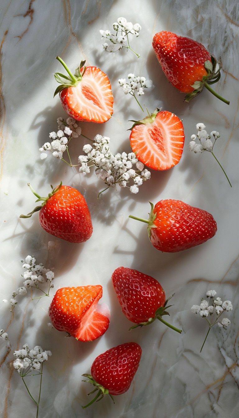 Fresh Strawberries and Baby's Breath on Polished Marble Surface Social Media Post