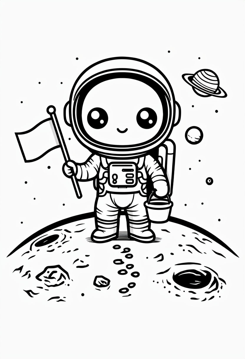 Cartoon Astronaut on Moon Coloring Book Page for Kids