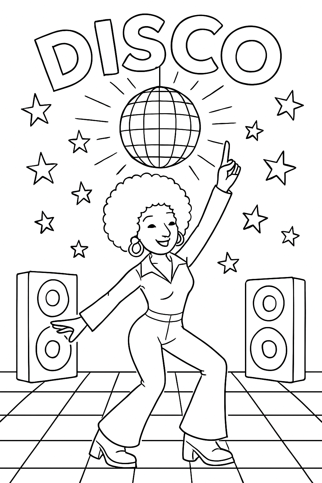 Lively Disco Scene with Dancing Woman and Disco Ball Coloring Page