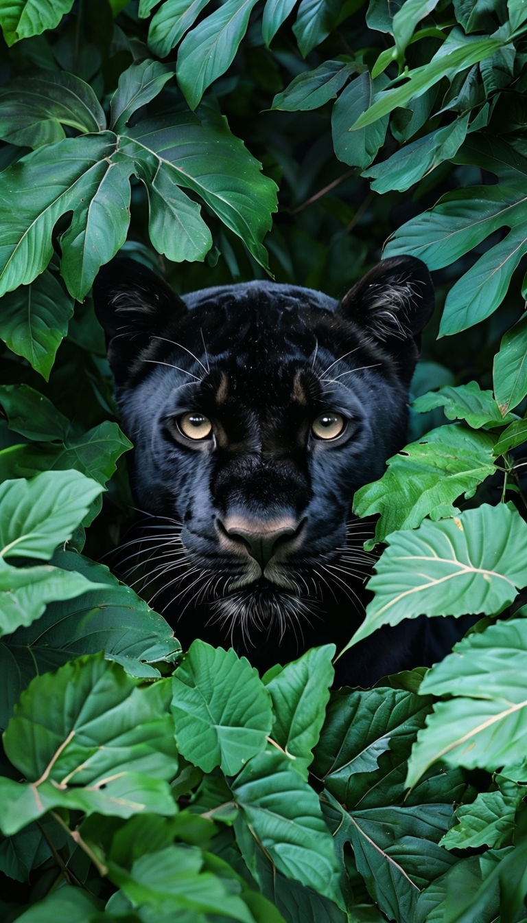 Mystical Black Panther Peeking Through Lush Green Foliage Mobile Wallpaper