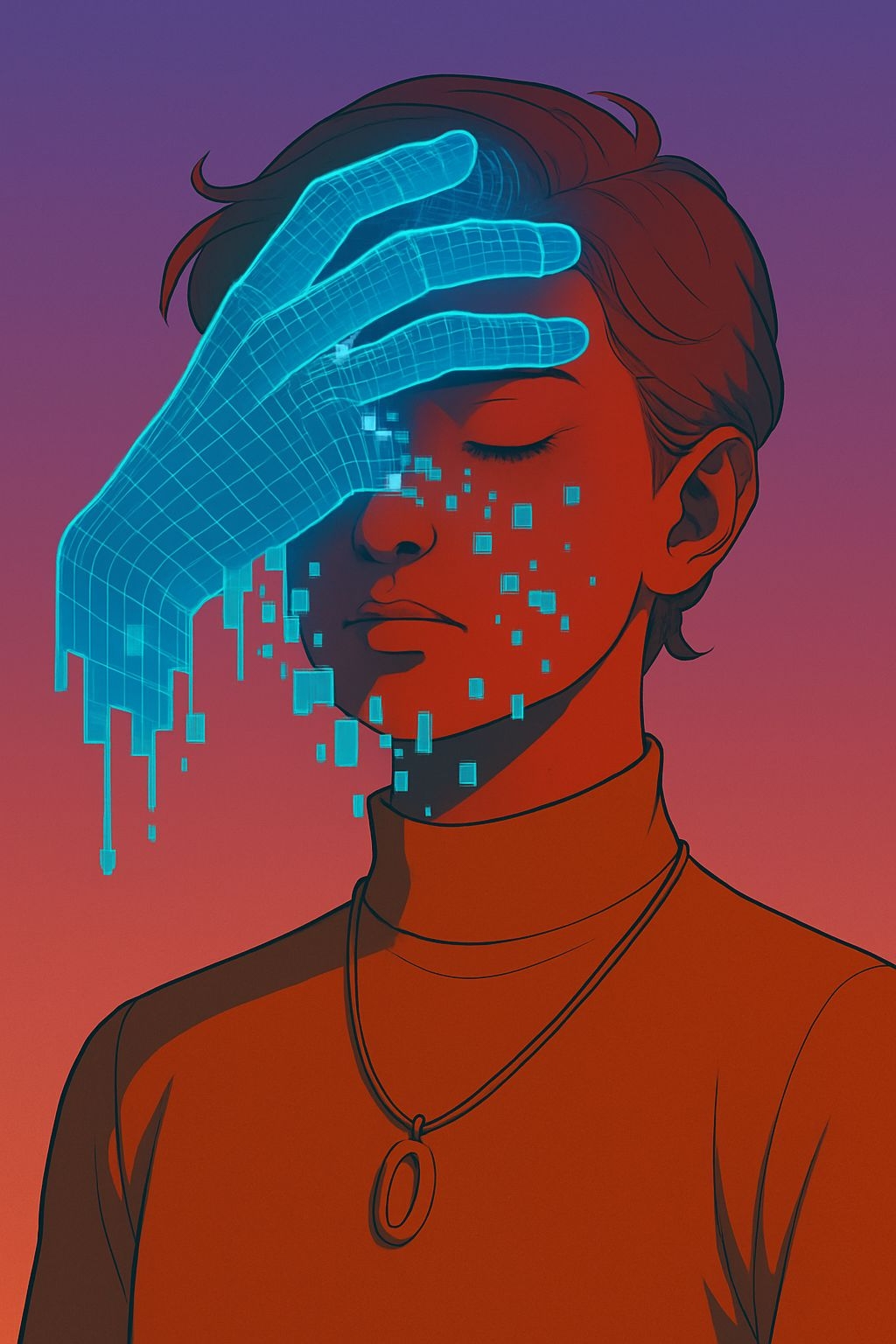 Futuristic Portrait with Cybernetic Hand and Warm Colors Art