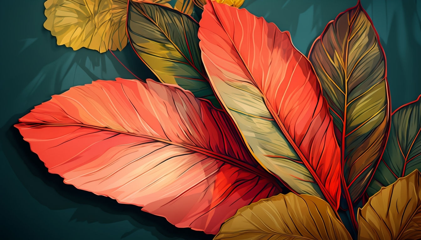 Vibrant Coral Red and Green Leaves Digital Painting Background
