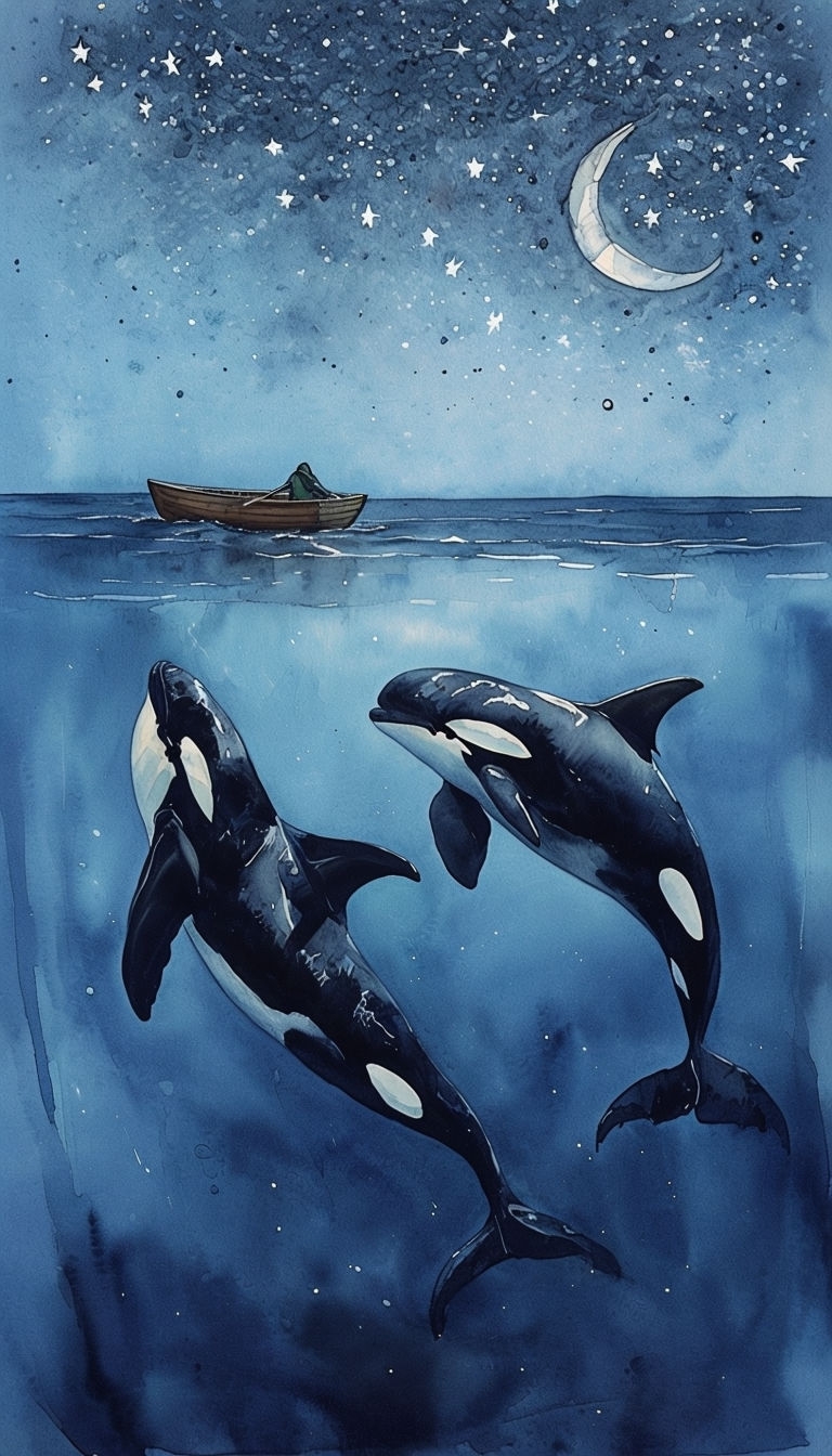 Ethereal Orcas Nighttime Watercolor Scene T-Shirt