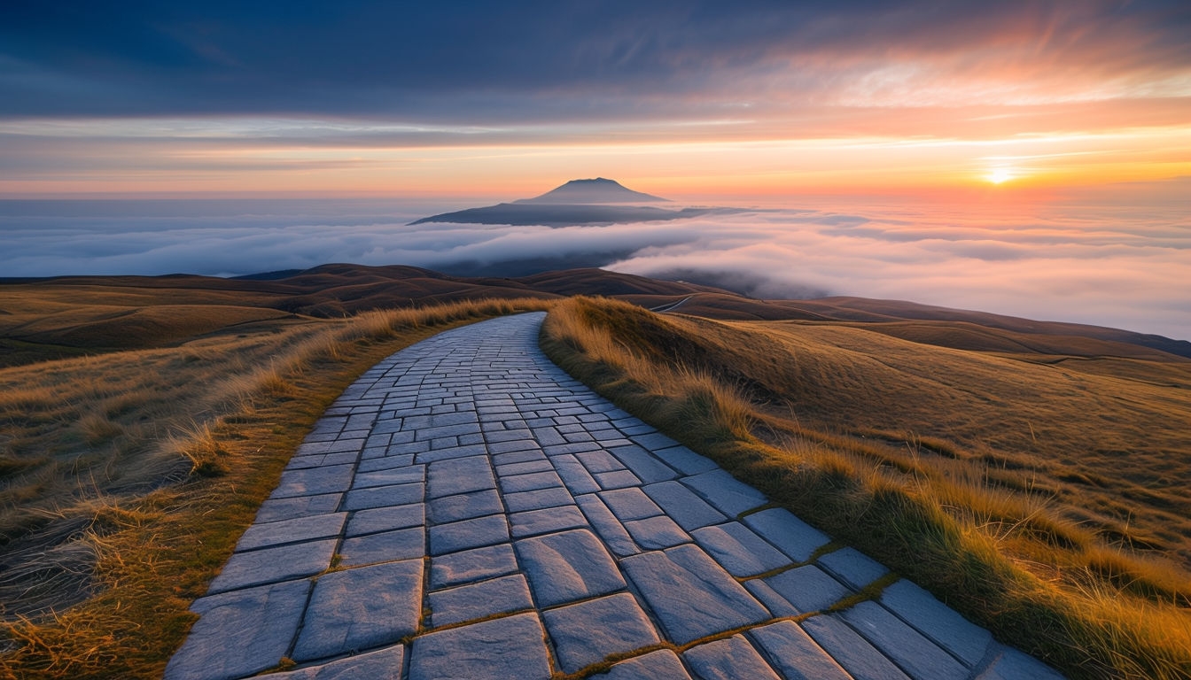 Tranquil Sunset Landscape with Winding Cobblestone Path Background