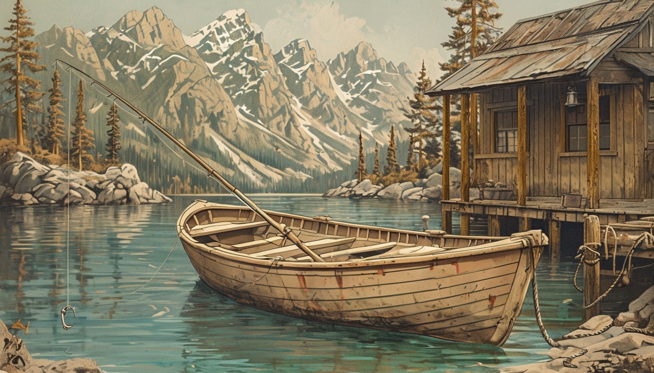 Vintage Lakeside Serenity with Rowboat and Cabin Art