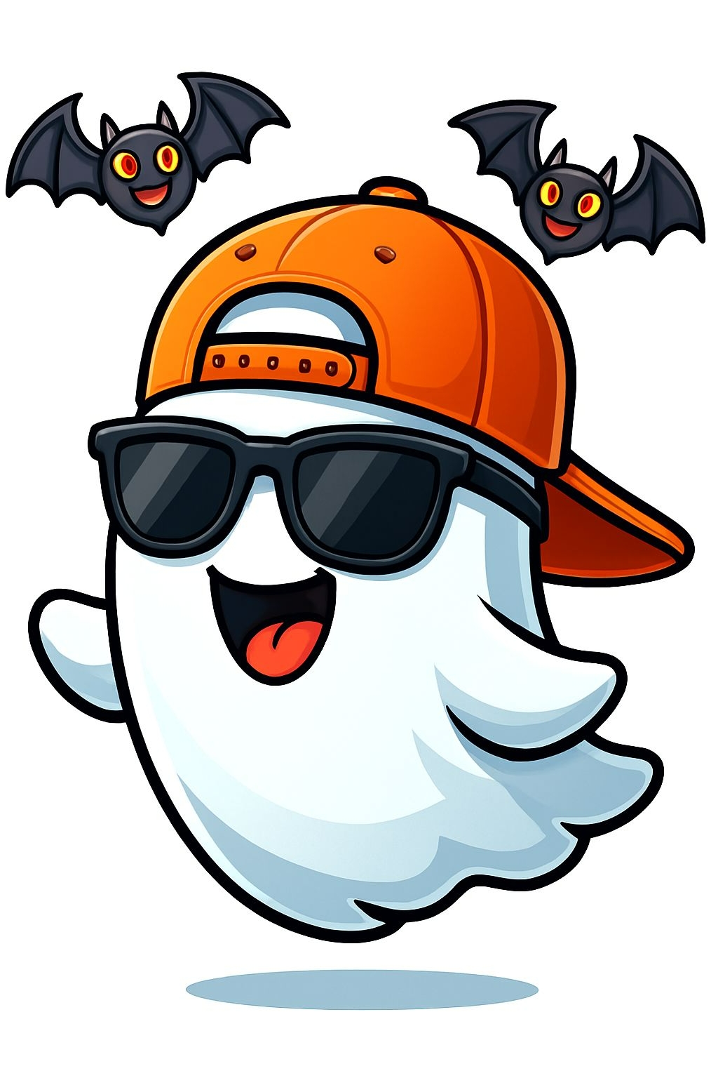Cheerful Cartoon Ghost with Sunglasses and Bats T-Shirt