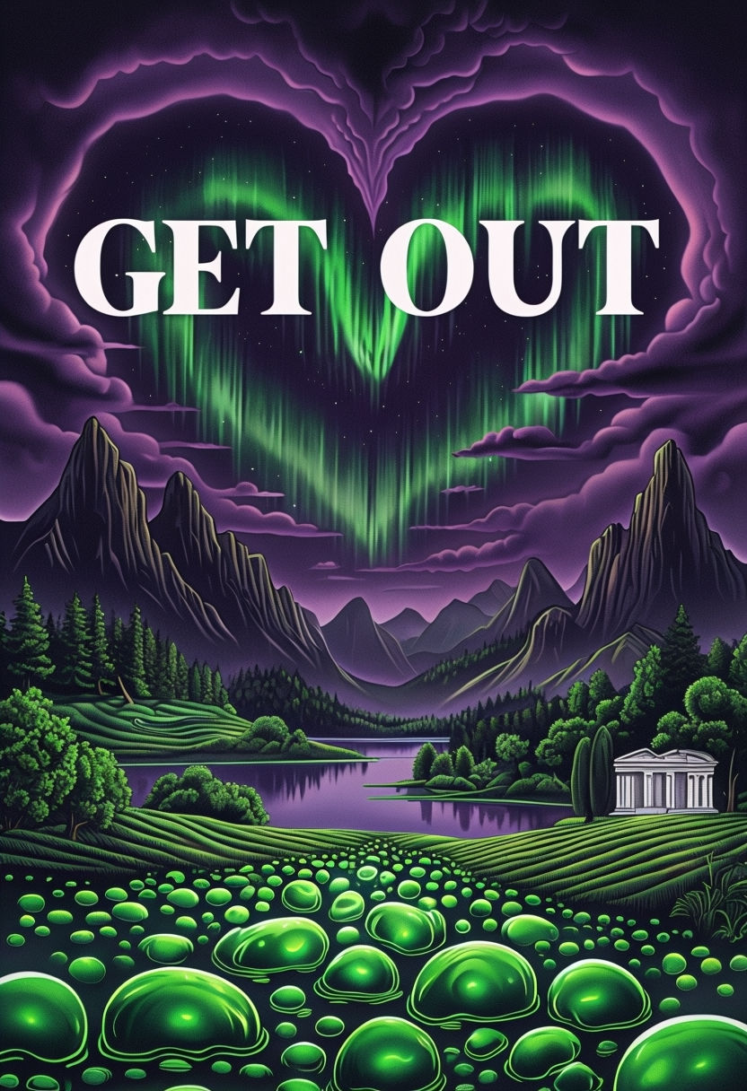 Surreal Green Orbs and Purple Skies "Get Out" Landscape Poster