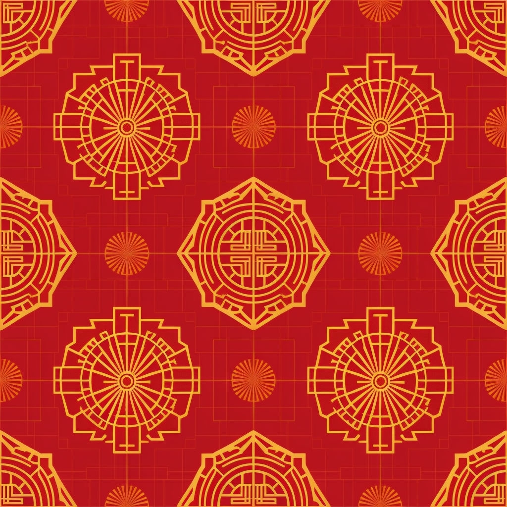 Vibrant Red and Golden Geometric Pattern with Chinese Symbols Seamless Pattern