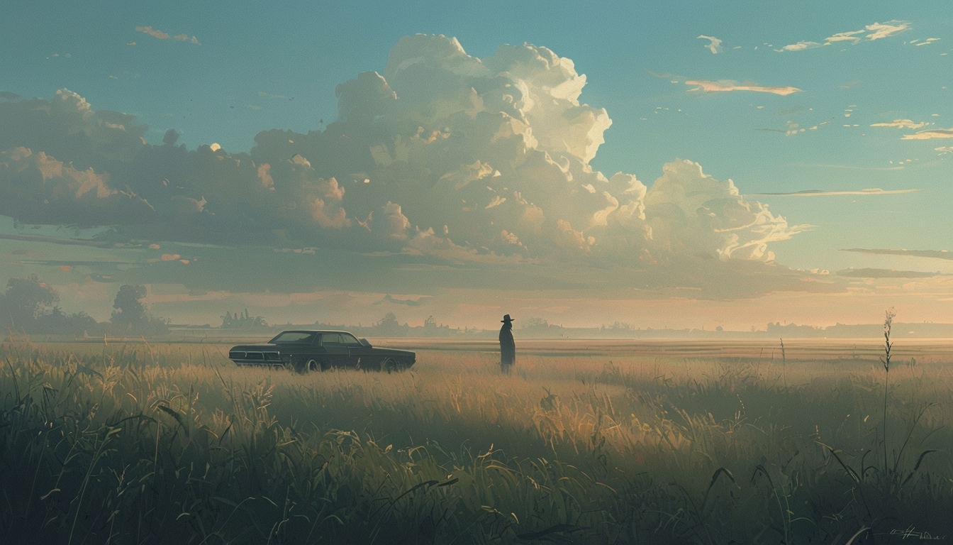 Tranquil Sunset Landscape with Vintage Car Virtual Background