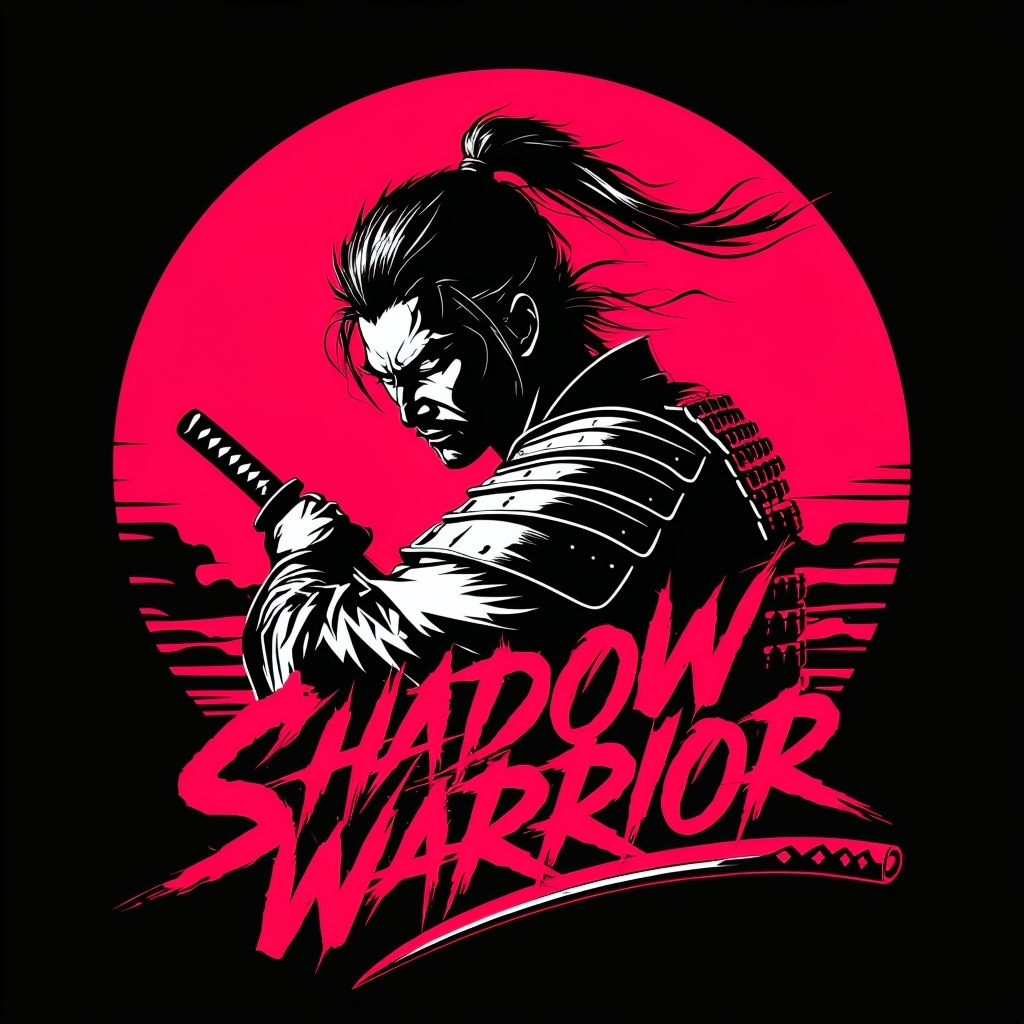 Dynamic Samurai Warrior Graphic with Neon Pink Circle T-shirt