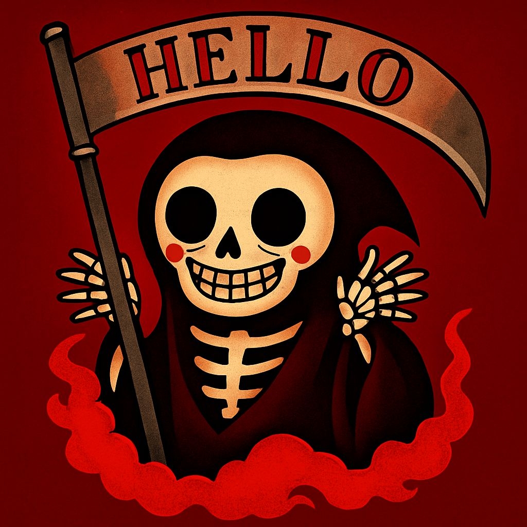 Cheerful Cartoon Skeleton Grim Reaper Illustration with Scythe Art