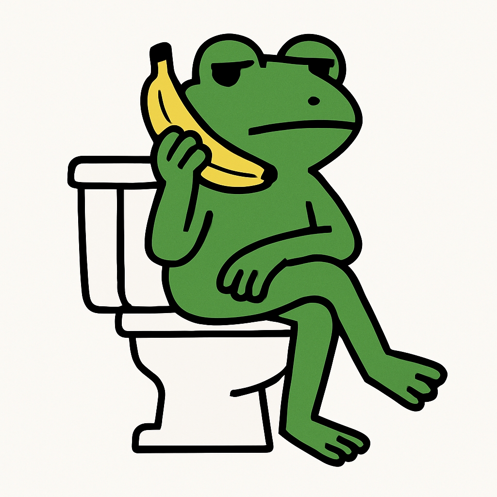 Contemplative Green Frog on Toilet with Banana Cartoon Sticker
