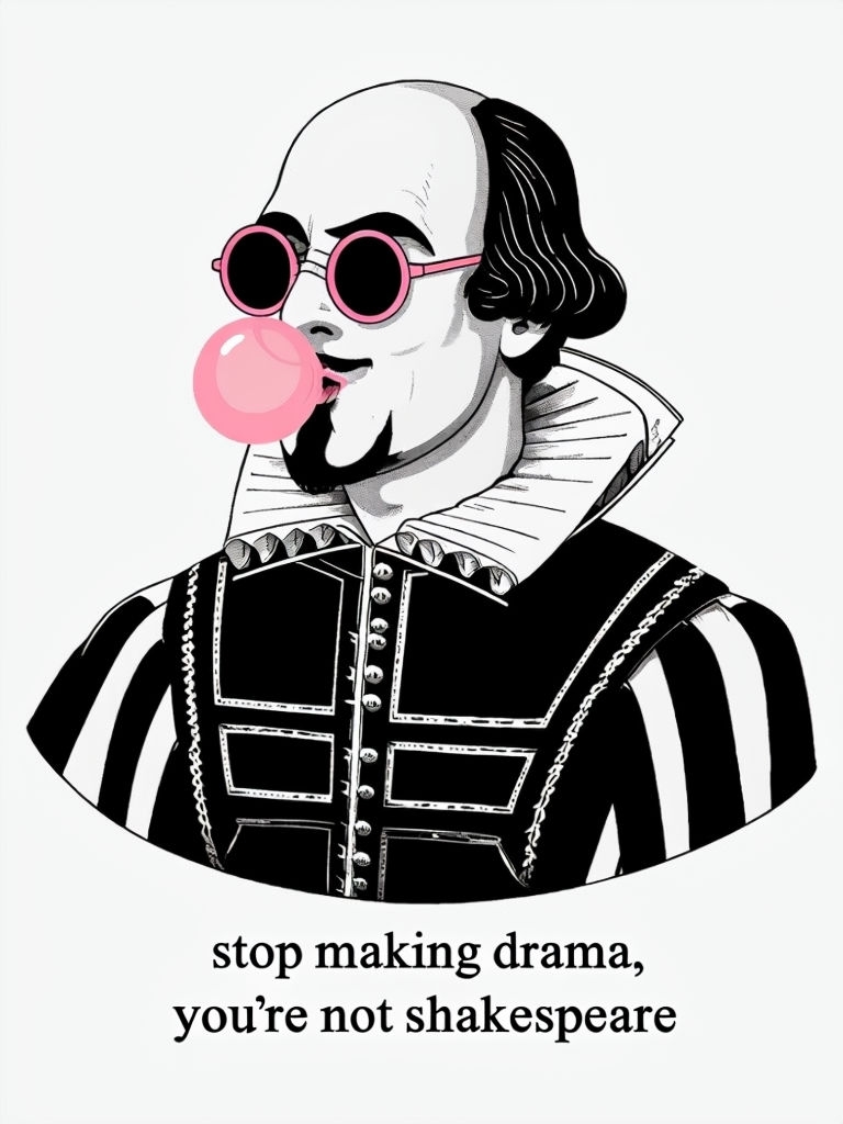 Playful Shakespearean Figure with Bubblegum Humor Poster