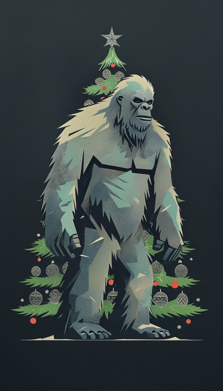 Stylized Minimalist Yeti with Christmas Tree Art Poster