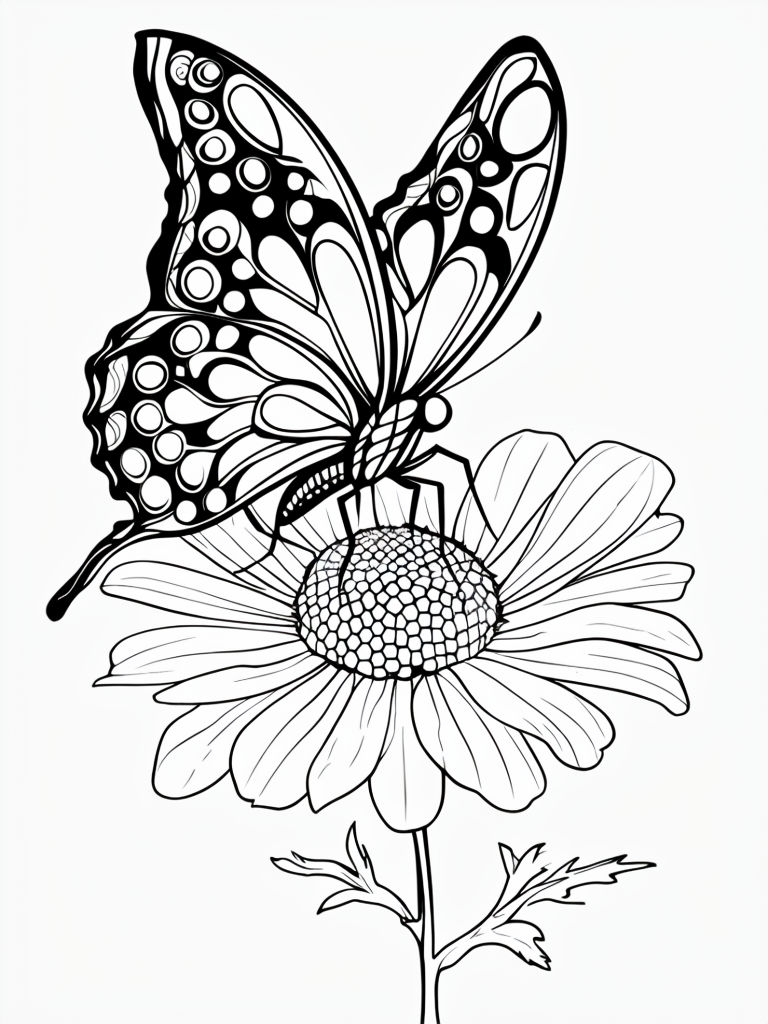 Intricate Butterfly and Flower Line Art Illustration Coloring Book Pages