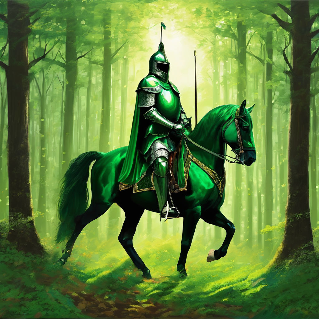 A green Knight on a horse in the woods. King Arthus style. P... by ...