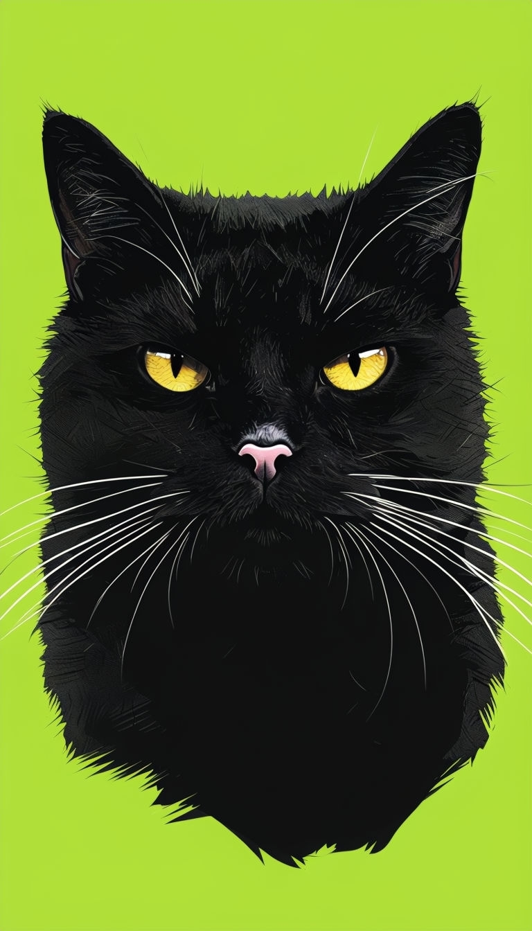 Unimpressed Black Cat Staring on Bright Lime Green Background Mobile Wallpaper