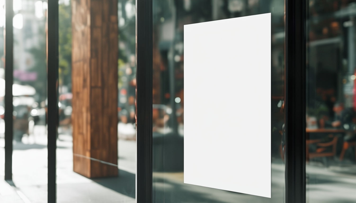 Modern Minimalist Blank Poster Mockup on Cafe Glass Wall Mockups