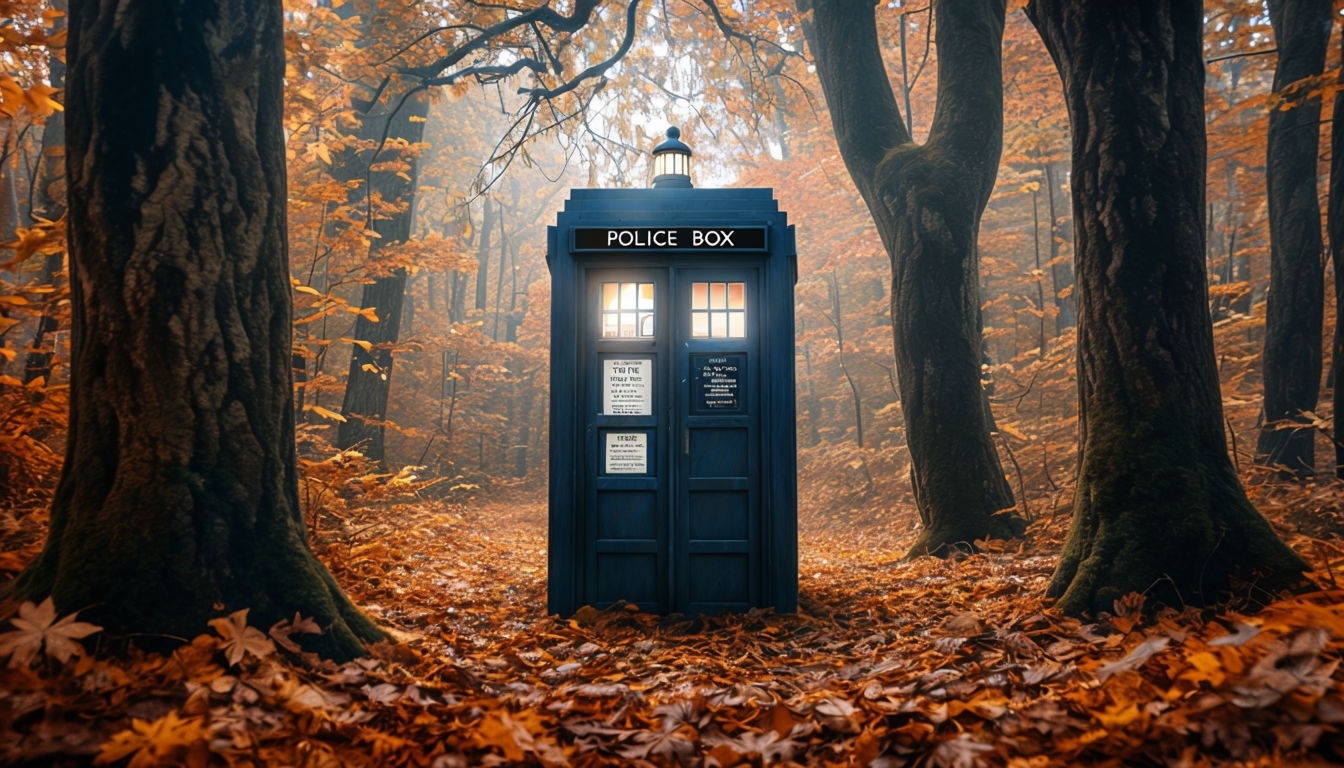 Serene Autumn Forest with Iconic TARDIS Booth Illustration Poster