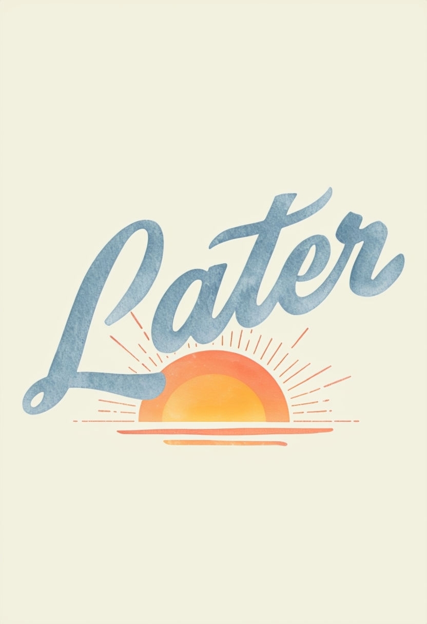 Relaxed 'Later' Cursive Script with Setting Sun T-Shirt