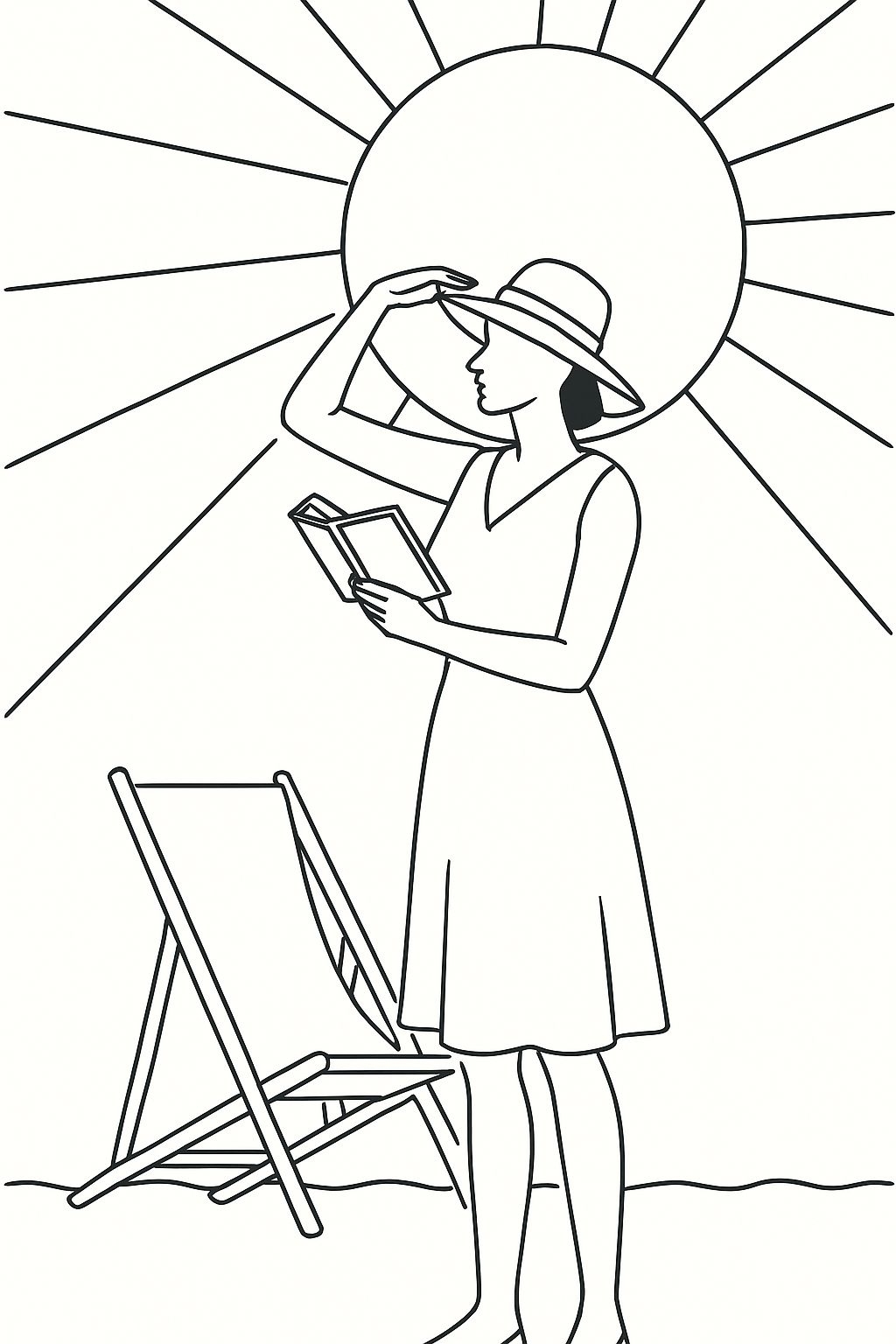 Serene Beach Scene Minimalist Line Drawing for Coloring Book Pages