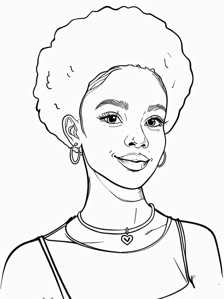 Minimalist Black and White Line Drawing of a Young Woman Portrait Coloring Book Page