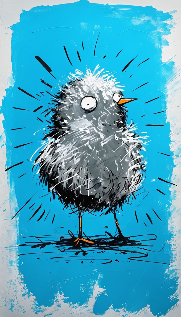 Exaggeratedly Fluffy Bird Illustration in Vibrant Cyan Background Mobile Wallpaper